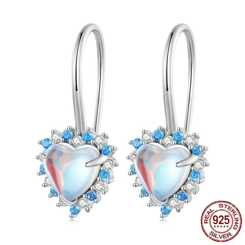 Heart-shaped Rainbow Moonstone with Blue White zircons Pendant Ear Hoop - Charmadise