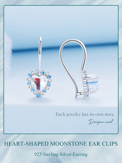 Heart-shaped Rainbow Moonstone with Blue White zircons Pendant Ear Hoop - Charmadise