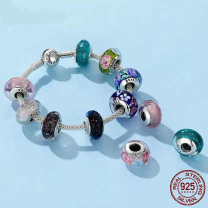 Pink & Blue Flower Murano Glass Bead