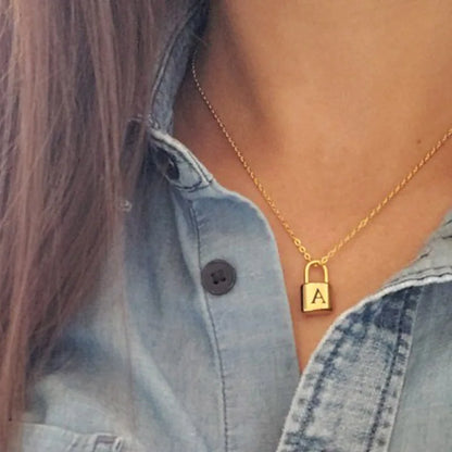 Gold Lock Necklace with Initial | Golden Monogram Lock Necklace