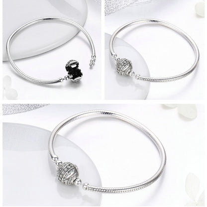 Silver Dazzling Clear CZ Round Clasp Snake Chain Flower Clasp Bracelet