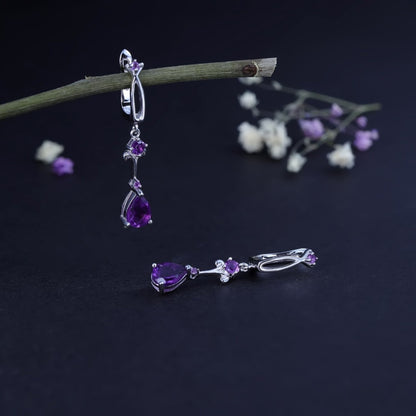 Natural Purple Amethyst Flower Drop Earring (2.87Ct, 925 Sterling Silver)