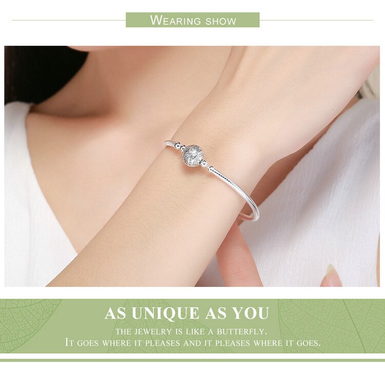 Silver Dazzling Clear CZ Round Clasp Snake Chain Flower Clasp Bracelet