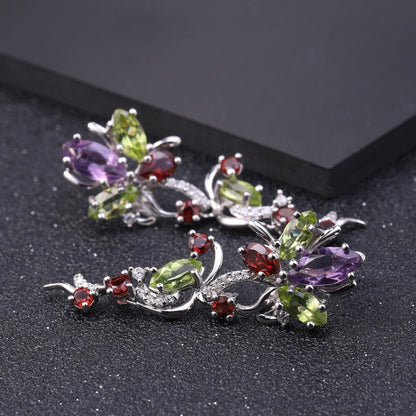 Flower Multicolor Natural Peridot Amethyst Drop Earrings (925 Sterling Silver)