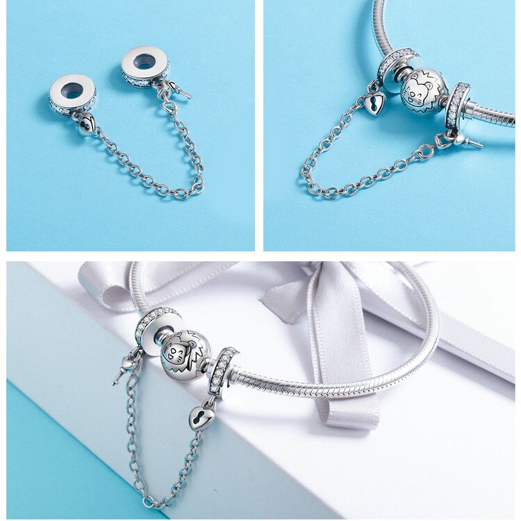 Silver Heart Lock & Key Dangle Safety Chain Charm