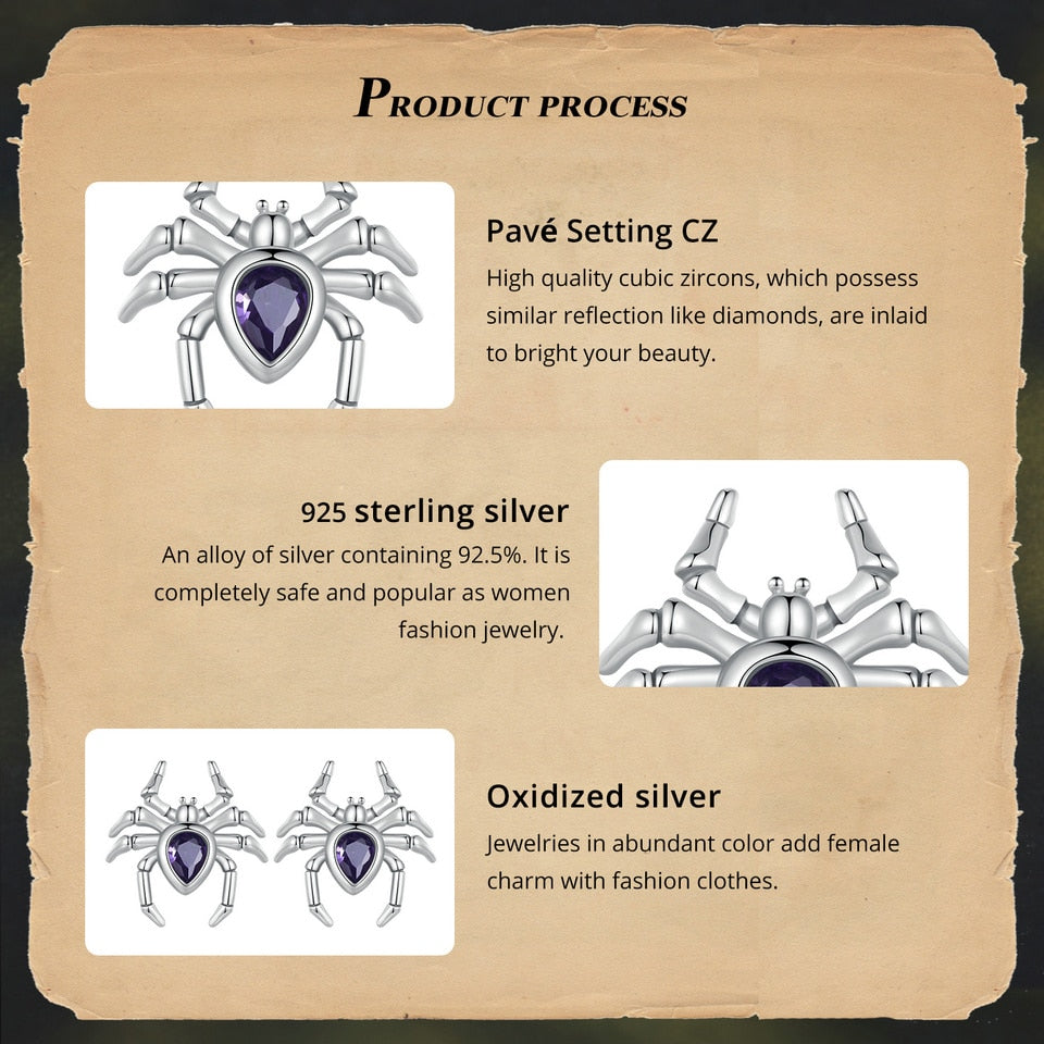 Silver Spider Stud Earrings with Purple Zircon Pave Setting