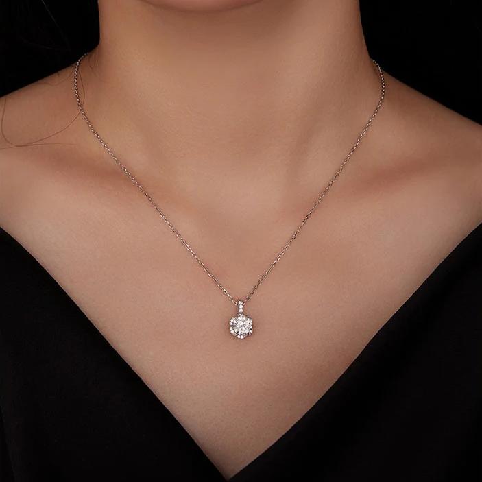 Moissanite Flower Pendant with  925 Silver Necklace (1 Carat Round Brilliant Cut) - Charmadise