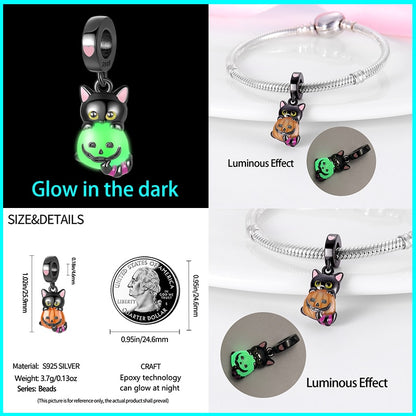 Black Cat On Pumpkin Luminous Charm Beads - Charmadise