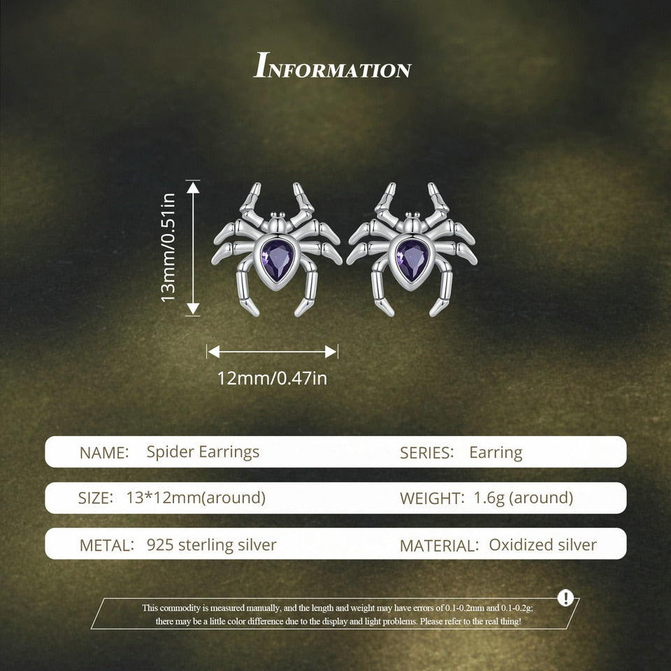 Silver Spider Stud Earrings with Purple Zircon Pave Setting