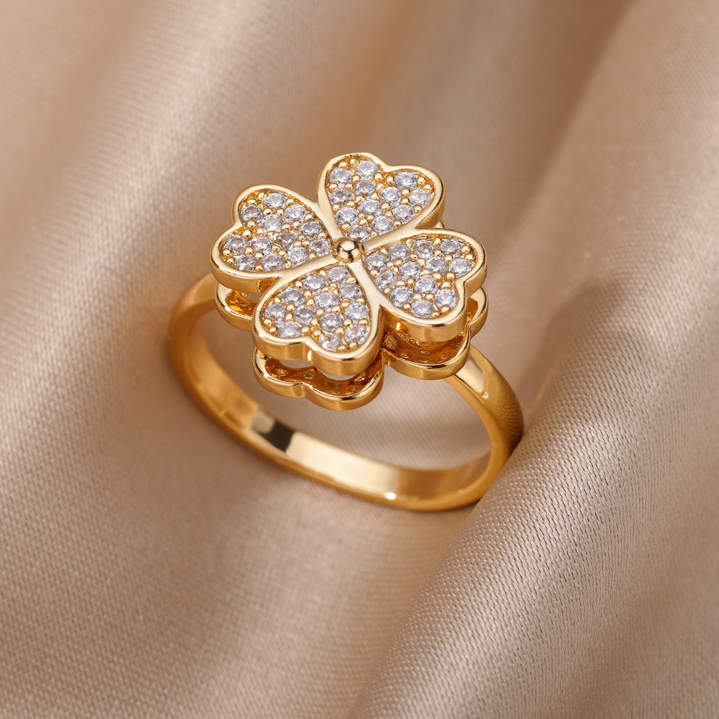 Zircon Rotatable Four Leaf Clover Anxiety Rings (Gold Plated Spinner Ring)