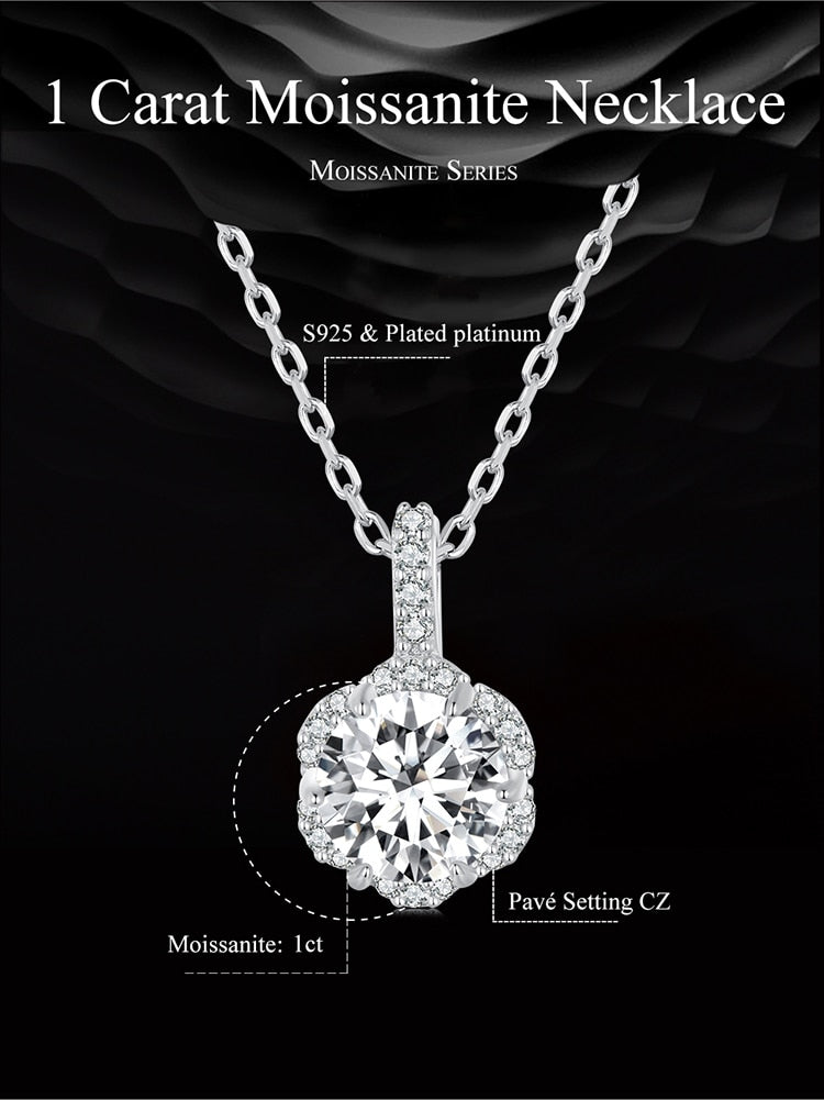 Moissanite Flower Pendant with  925 Silver Necklace (1 Carat Round Brilliant Cut) - Charmadise