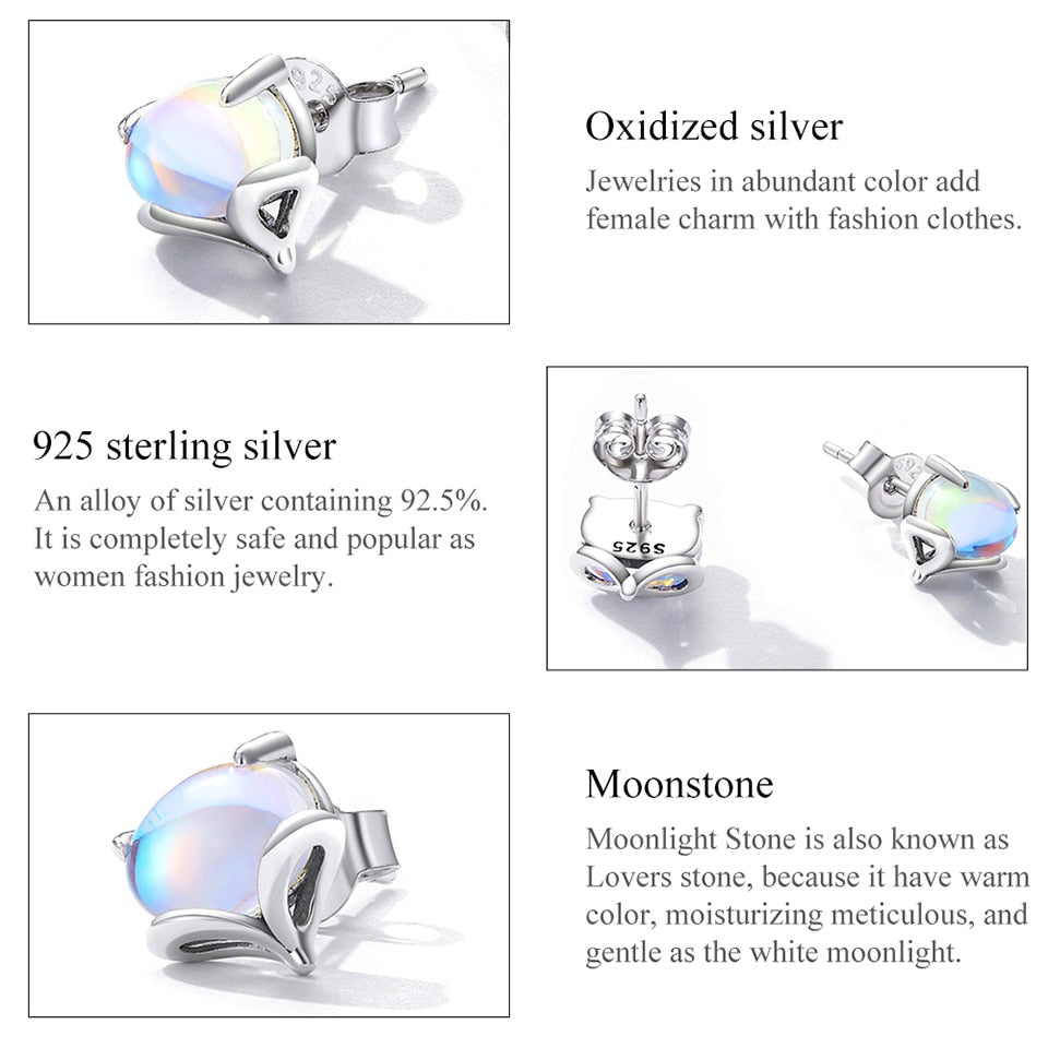 Rainbow Moonstone Cute Fox Stud Earrings - Charmadise