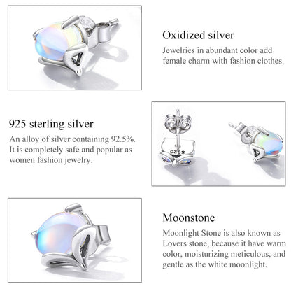 Rainbow Moonstone Cute Fox Stud Earrings - Charmadise