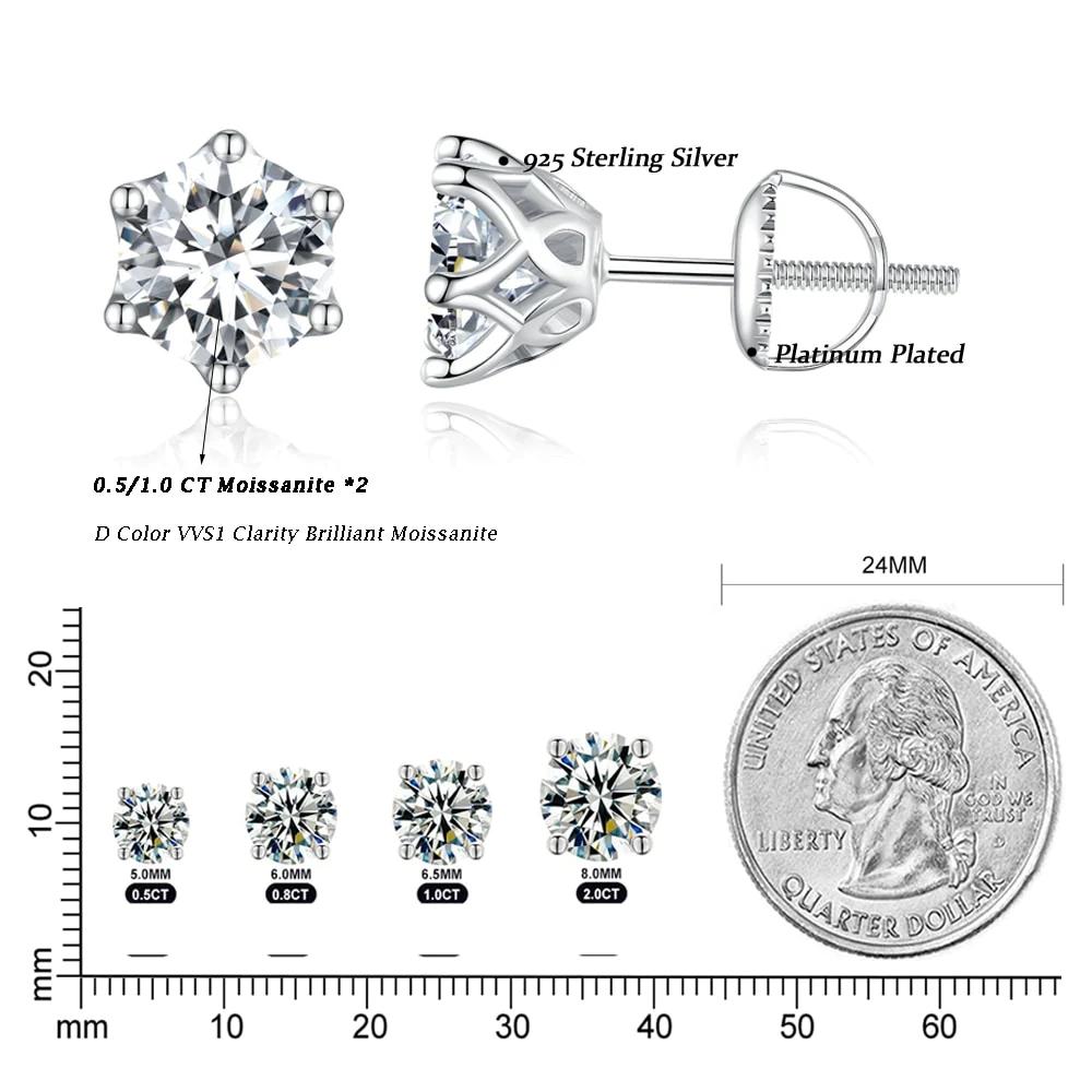 Moissanite Stud Earrings, Brilliant Round Cut