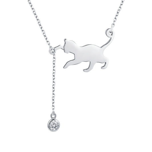 Cute Silver Cat Pendant Collarbone Necklace - Charmadise