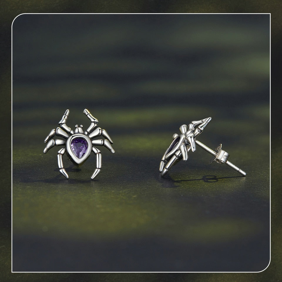 Silver Spider Stud Earrings with Purple Zircon Pave Setting