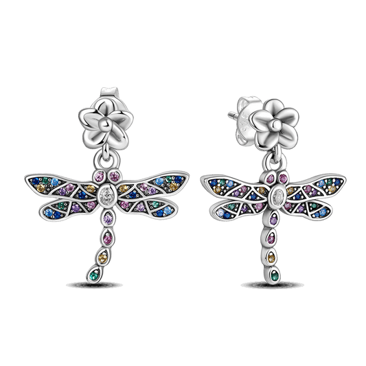 Colorful Zircon Dragonfly Silver Earrings - Charmadise