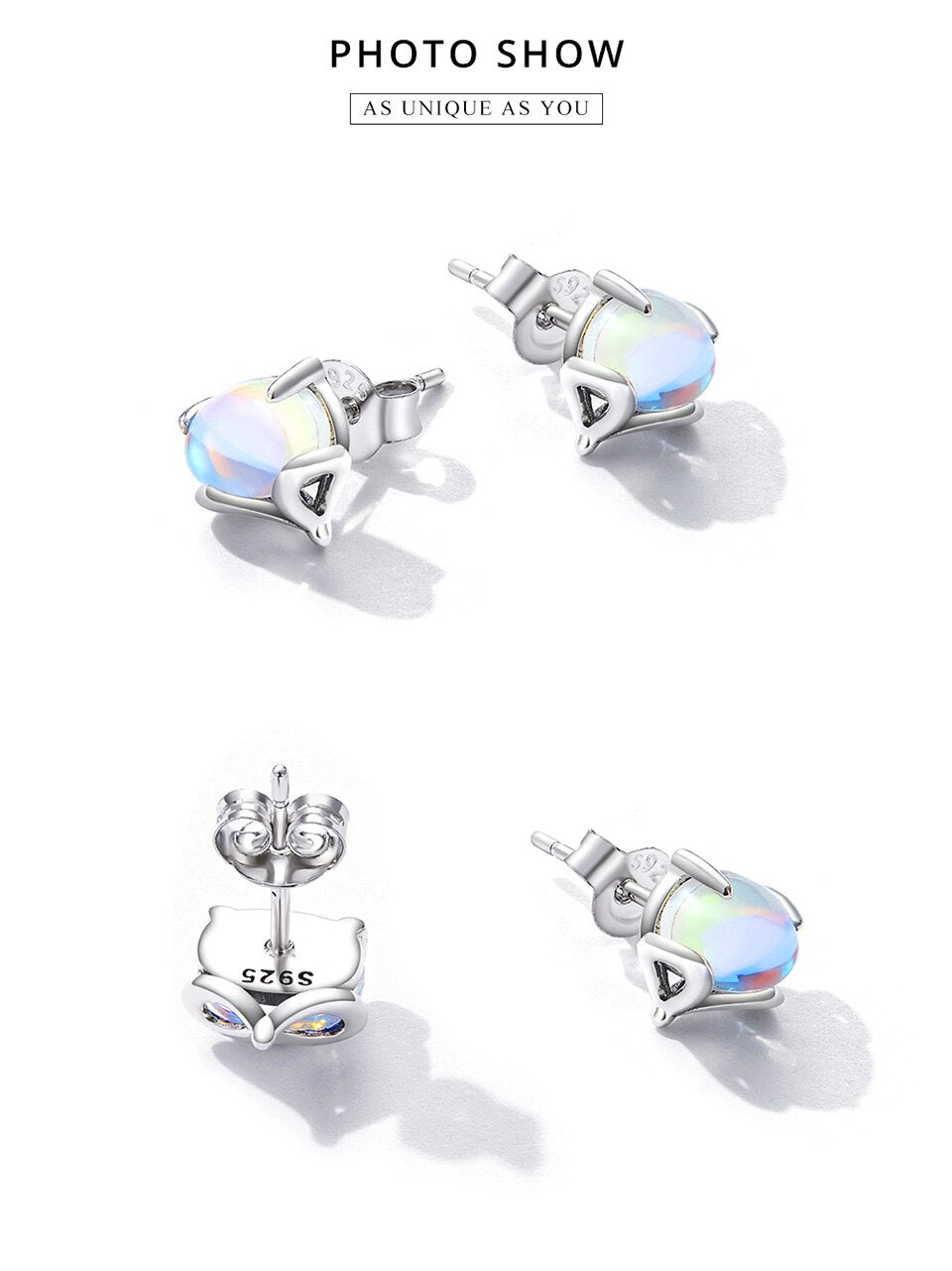 Rainbow Moonstone Cute Fox Stud Earrings - Charmadise