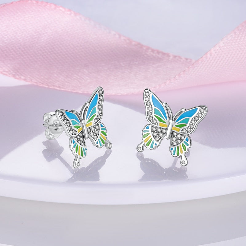 Pastel Color Zircon Butterfly Silver Earrings - Charmadise