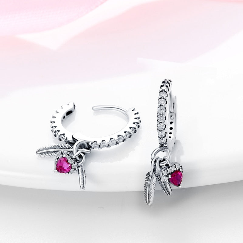 Classic Sparkling Pink Heart Zirconia Feather Earrings - Charmadise