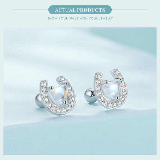 Heart Moonstone Horseshoe Ear Studs with Round Ear Plug - Charmadise