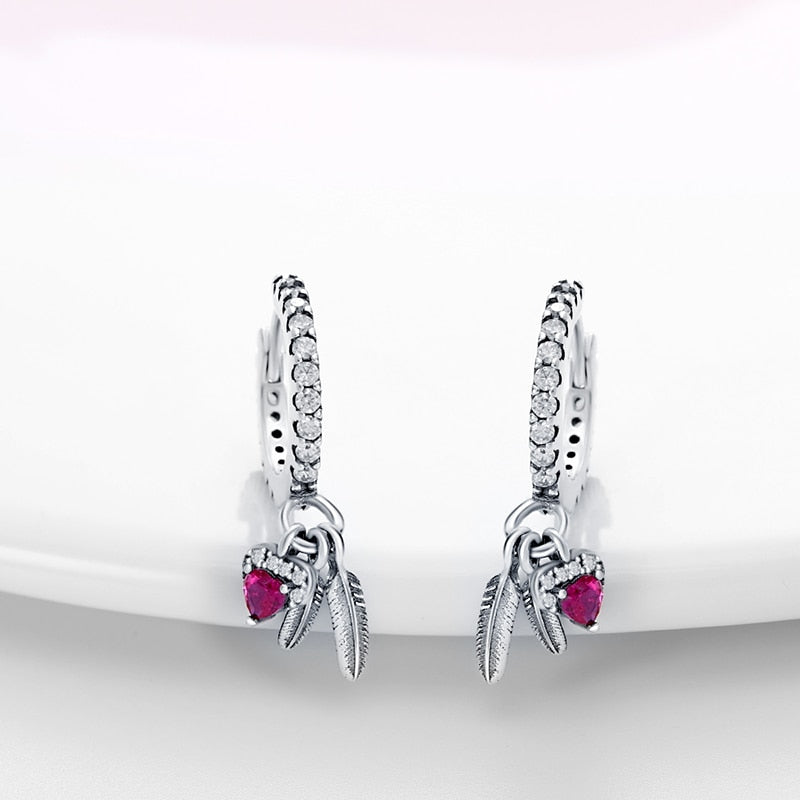 Classic Sparkling Pink Heart Zirconia Feather Earrings - Charmadise