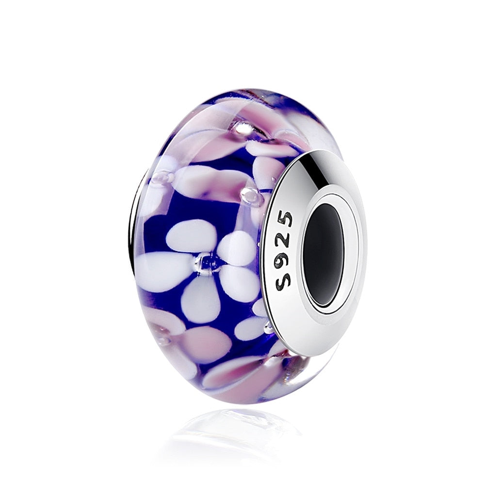 Myosotis Pink Flower on Purple Murano Glass Beads