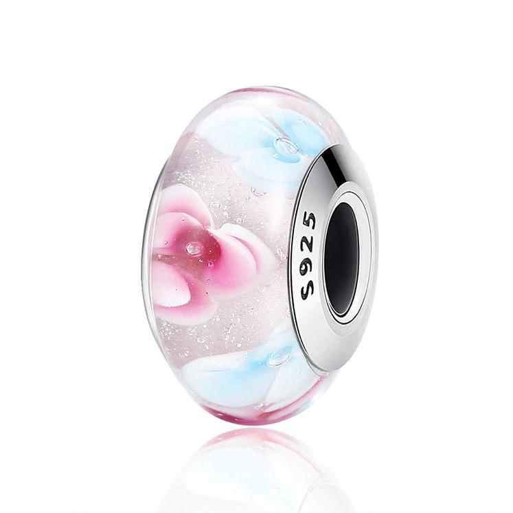 Pink & Blue Flower Murano Glass Bead