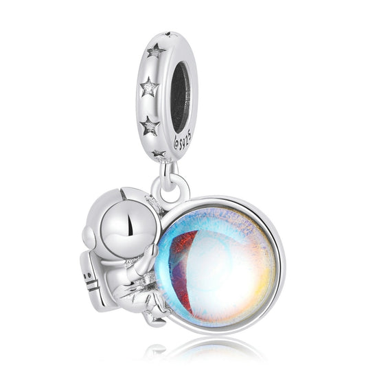 The Moon & Astronaut Rainbow Moonstone Charm Pendant - Charmadise