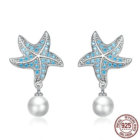 Ocean Blue Zircon Starfish Stud Earrings - Charmadise