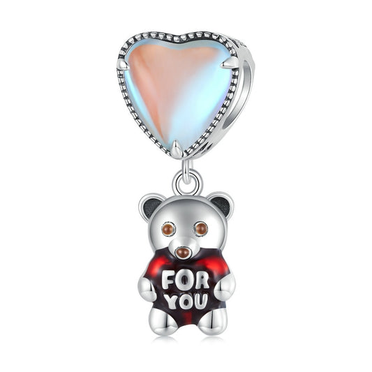 Heart-shaped with Bear Transparent Glass Charm - Charmadise