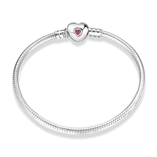 Sterling Silver Snake Chain Bracelet with Red Heart Clasp - Charmadise