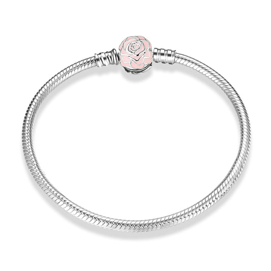 Sterling Silver Snake Chain Bracelet with Pink Rose Clasp - Charmadise