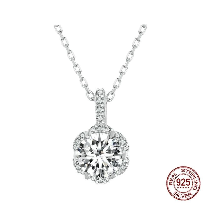 Moissanite Flower Pendant with  925 Silver Necklace (1 Carat Round Brilliant Cut) - Charmadise