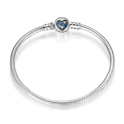 Sterling Silver Snake Chain Bracelet with Blue Heart Clasp (Round) - Charmadise