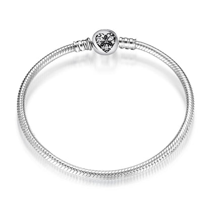 Sterling Silver Snake Chain Bracelet with Heart Clasp (Round) - Charmadise