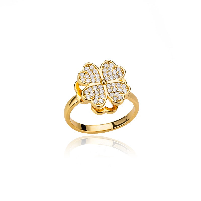 Zircon Rotatable Four Leaf Clover Anxiety Rings (Gold Plated Spinner Ring)