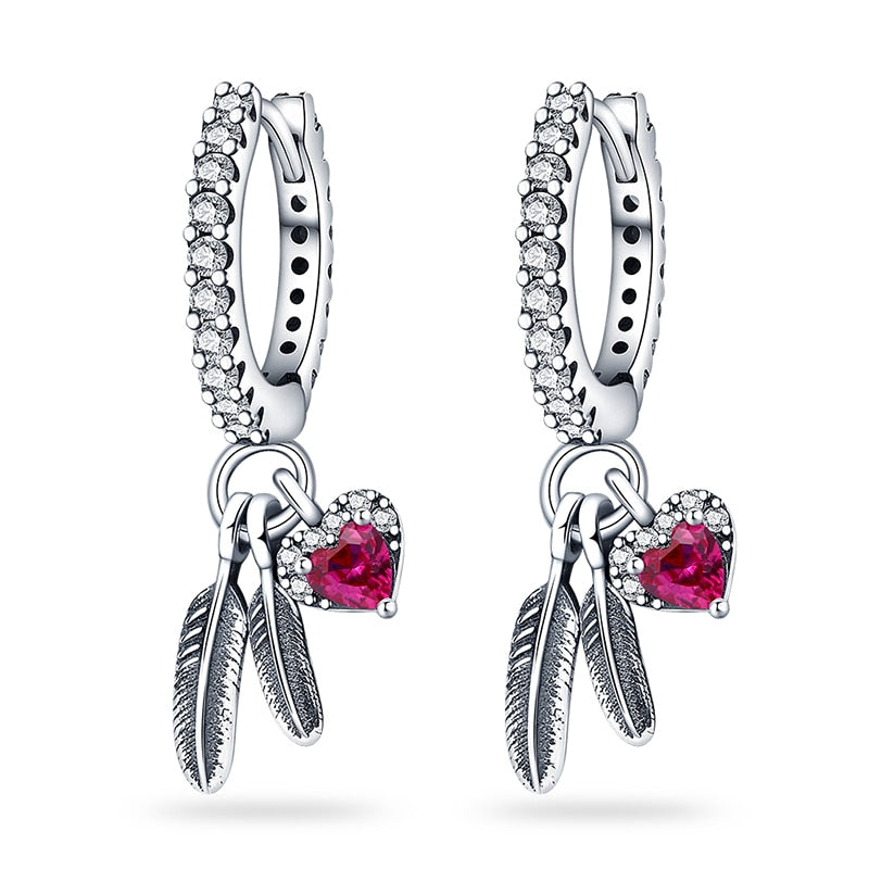 Classic Sparkling Pink Heart Zirconia Feather Earrings - Charmadise